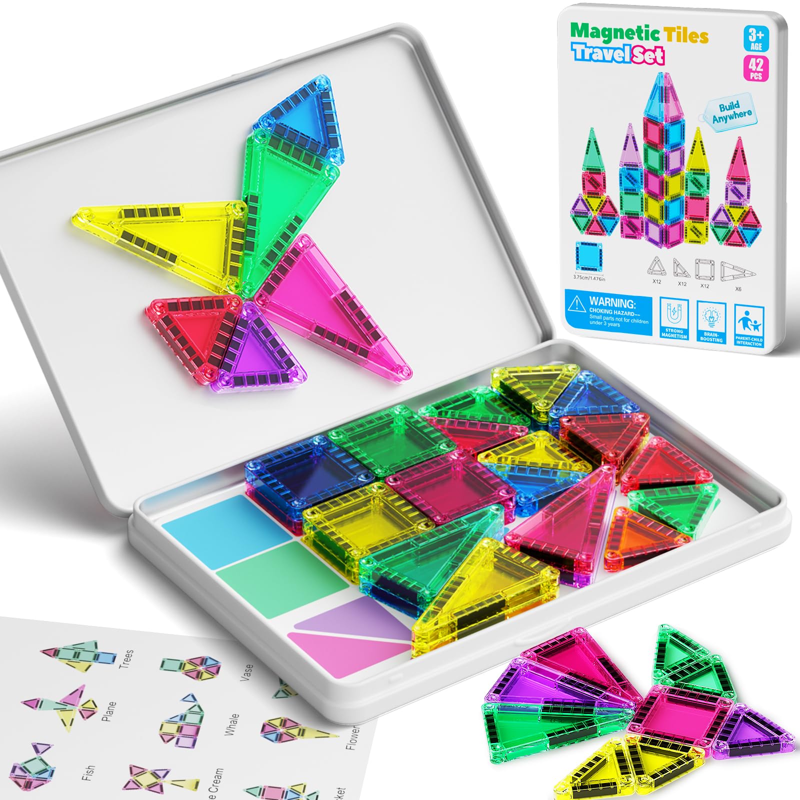42PCS Mini Magnetic Tiles Travel Set with Iron Storage Box